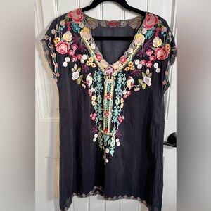 Johnny Was Embroidered Boho Tunic Top or Mini Dress Birds Floral Small